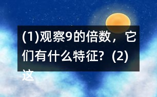 (1)觀察9的倍數(shù)，它們有什么特征?  (2)這些數(shù)的排列有什么特征?與同伴說(shuō)說(shuō)你的想法。  (3)如果左表擴(kuò)“充到200，并找出99后面是9的倍數(shù)的數(shù)，它們將在表中的什么位置?做一做，檢驗(yàn)?zāi)愕拇鸢浮?></p>										
													<h3>1、(1)觀察9的倍數(shù)，它們有什么特征?  (2)這些數(shù)的排列有什么特征?與同伴說(shuō)說(shuō)你的想法。  (3)如果左表擴(kuò)“充到200，并找出99后面是9的倍數(shù)的數(shù)，它們將在表中的什么位置?做一做，檢驗(yàn)?zāi)愕拇鸢浮?/h3>	 <p>北師大版五年級(jí)上冊(cè)數(shù)學(xué)《3的倍數(shù)的特征》</p><p>(1)觀察9的倍數(shù)，它們有什么特征?</p><p>一個(gè)數(shù)各個(gè)數(shù)位上的數(shù)字的和是9的倍數(shù)，這個(gè)數(shù)就是9的倍數(shù)。</p><p>(2)這些數(shù)的排列有什么特征?與同伴說(shuō)說(shuō)你的想法。</p><p>斜對(duì)角</p><p>(3)如果左表擴(kuò)充到200，并找出99后面是9的倍數(shù)的數(shù)，它們將在表中的什么位置?做一做，檢驗(yàn)?zāi)愕拇鸢浮?/p><p>108、117、126 135、144、153、162、171、180、189、198</p>	  <h3>2、北師大一年級(jí)數(shù)學(xué)上冊(cè)《鞏固應(yīng)用》 10.(1)說(shuō)一說(shuō)，你發(fā)現(xiàn)了哪些數(shù)學(xué)信息?(2)提出兩個(gè)數(shù)學(xué)問(wèn)題，并列式解答。</h3>	 <p>北師大一年級(jí)數(shù)學(xué)上冊(cè)《鞏固應(yīng)用》 10.</p><p>(1)說(shuō)一說(shuō)，你發(fā)現(xiàn)了哪些數(shù)學(xué)信息?</p><p>有3個(gè)小朋友在蕩秋千，4個(gè)小朋友在玩滑梯，2個(gè)小朋友在玩蹺蹺板。</p><p>(2)提出兩個(gè)數(shù)學(xué)問(wèn)題，并列式解答。</p><p>①一共有多少個(gè)朋友？</p><p>②一共有9個(gè)小朋友，有5個(gè)男生，女生有多少人？</p>	  <h3>3、（1）和同伴說(shuō)一說(shuō)，現(xiàn)在車(chē)上的人數(shù)多了還是少了？</h3>	 <p><p>北師大二年級(jí)數(shù)學(xué)上冊(cè)第一單元星星合唱隊(duì)練習(xí)題練一練及答案</p><p>車(chē)上原有56人。下來(lái)27人。上了19人。</p><p>（1）和同伴說(shuō)一說(shuō)，現(xiàn)在車(chē)上的人數(shù)多了還是少了？</p><p>答：下來(lái)的人比上去的多，所以車(chē)上的人數(shù)少了。</p></p>	  <h3>4、（1）一共有多少個(gè)杯子？（2）用了多少個(gè)扣子？</h3>	 <p>北師大二年級(jí)數(shù)學(xué)上冊(cè)第5單元《2-5的乘法口訣》數(shù)松果練一練答案</p><p>1.（1）一共有多少個(gè)杯子？</p><p>3x5=15（個(gè)）</p><p>（2）用了多少個(gè)扣子？</p><p>4x5=20（個(gè)）</p>	  <h3>5、（1）估一估，紅繩的長(zhǎng)度是黃繩的多少倍？與同伴交流你的方法。</h3>	 <p>北師大二年級(jí)數(shù)學(xué)上冊(cè)《花園》練一練習(xí)題及答案</p><p>（1）估一估，紅繩的長(zhǎng)度是黃繩的多少倍？與同伴交流你的方法。</p><p>答：紅繩是黃繩的5倍。</p><p>（2）分別量出紅繩和黃繩的長(zhǎng)度，算一算，自己的估計(jì)準(zhǔn)確嗎？</p>	  <h3>6、2.(1)9個(gè)皮球多少元? (2)9個(gè)網(wǎng)球多少元?</h3>	 <p>北師大二年級(jí)數(shù)學(xué)上冊(cè)《買(mǎi)球》練一練習(xí)題及答案</p><p>2.(1)9個(gè)皮球多少元?</p><p>98=72</p><p>答：9個(gè)皮球72元。</p><p>(2)9個(gè)網(wǎng)球多少元?</p><p>99=81</p><p>答：9個(gè)網(wǎng)球81元。</p><p>(3)30元買(mǎi)4個(gè)網(wǎng)球，夠嗎?</p><p>94=36</p><p>答：夠了</p><p>(4)請(qǐng)你再提出一個(gè)數(shù)學(xué)問(wèn)題，并嘗試解答。</p>	  <h3>7、4.小兔安家。（1）有4間房子，平均每間住幾只小兔？</h3>	 <p>    <tbody>        <tr>            <td width=