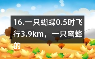 16.一只蝴蝶0.5時(shí)飛行3.9km，一只蜜蜂的飛行速度約是這只蝴蝶的2倍。這只蜜蜂每時(shí)飛行多少千米?