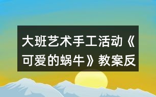 大班藝術手工活動《可愛的蝸?！方贪阜此?></p>										
													<h3>1、大班藝術手工活動《可愛的蝸牛》教案反思</h3><p>　　活動目標：</p><p>　　1.學習用卡紙制作蝸牛，表現蝸牛的身體。</p><p>　　2.通過觀看示范，了解制作的基本方法，把握剪和折的方法。</p><p>　　3.在手工活動中，保持桌面和地面整潔，養(yǎng)成良好的手工活動習慣。</p><p>　　4.培養(yǎng)幼兒的觀察、操作、表達能力，提高幼兒的審美情趣及創(chuàng)新意識。</p><p>　　5.培養(yǎng)幼兒養(yǎng)成有序擺放工具、材料的習慣。</p><p>　　活動準備：</p><p>　　1.每組有小籮筐一個(里面有各種顏色的卡紙)</p><p>　　2.記號筆，固體膠，剪刀</p><p>　　3.蝸牛范例一個</p><p>　　活動過程：</p><p>　　一、激趣導入</p><p>　　1.小朋友，我們來猜一個謎語：沒有腳，沒有手，背著房子到處走.要是有人碰碰它，趕緊躲到房子里。你知道這是什么小動物嗎?動腦筋想一想哦!(這是蝸牛)</p><p>　　2.你們喜歡蝸牛嗎?我們一起來做可愛的小蝸牛。</p><p>　　二、課件演示</p><p>　　三、觀察學習</p><p>　　1.認識做蝸牛的材料。(剪刀、固體膠、記號筆、卡紙)</p><p>　　2.出示一只做好的蝸牛，幼兒觀察。</p><p>　　3.示范蝸牛制作方法：</p><p>　　(1)用記號筆在卡紙上畫一個大圓和一個小圓，用剪刀剪下來。</p><p>　　(2)畫上兩個大大的眼睛，用剪刀剪下來。</p><p>　　(3)在校園上畫上自己喜歡的花紋，這是蝸牛的房子。</p><p>　　(4)還要剪下一條長長的觸角，用手對折拉開。</p><p>　　(5)最后，請固體膠來幫助把它們變成一只可愛的蝸牛。(大大圓對折做蝸牛的身體，房子貼在身體上，觸角貼在蝸牛的頭上，再貼上兩個小眼睛，蝸牛就變出來了)</p><p>　　(6)還要貼上小草，給蝸牛做朋友。(用綠色卡紙對折，畫上小草剪下來，再打開折一下，小草就可以立起來了)</p><p>　　四、動手操作</p><p>　　重點引導幼兒發(fā)揮想象，畫出有個性的“房子”，將做好的蝸牛放在紙上，再在旁邊添加草地就完成了。</p><p>　　五、作品評價</p><p>　　幼兒相互欣賞同伴制作的蝸牛，感知體驗成功制作小蝸牛的快樂。</p><p>　　活動延伸：</p><p>　　1.可遷移其他材料制作蝸牛。</p><p>　　2.舉行蝸牛展覽會。</p><p>　　活動反思：</p><p>　　這個活動，通過形象可愛的PPT圖片，吸引幼兒參與活動的興趣;通過循序漸進的介紹，讓幼兒能清晰的了解蝸牛的制作方法;通過簡單易懂的語言，幫助幼兒記憶制作的步驟。出示做好的蝸牛成品時，能詳細介紹一下蝸牛，效果會更好。</p><h3>2、大班教案《可愛的動物》含反思</h3><p><strong>活動目標：</strong></p><p>　　1.能用繪畫、剪貼的形式表現出自己最喜歡的動物的基本特征。</p><p>　　2.體驗用不同形式表現動物的樂趣。</p><p>　　3.培養(yǎng)幼兒耐心完成任務的習慣，享受活動的樂趣。</p><p>　　4.感受作品的美感。</p><p><strong>活動過程：</strong></p><p>　　一、談話導入，激發(fā)幼兒參與活動的興趣。</p><p>　　1.教師出示大森林的背景圖，引起幼兒對動物的回憶，并提問：</p><p>　　(1)看，這是在哪啊?在大森里里會有哪些動物呢?</p><p>　　(2)你喜歡什么動物?它是什么樣子的呢?</p><p>　　2.教師小結：這么多的動物在一起就像一個大家庭。</p><p>　　二、用繪畫、剪貼的形式表現出自己最喜歡的動物的基本特征。</p><p>　　1.師幼談話：一天，森林里面要開音樂會，讓我們請出自己最喜歡的小動物來參加吧。</p><p>　　教師引導幼兒談談自己想請誰來參加。</p><p>　　2.教師引導幼兒討論進行交流。</p><p>　　師：先請小朋友想一想你最喜歡哪個動物?然后請你來跟大家說一說。</p><p>　　3.交代作畫材料。</p><p>　　師：現在請你們來制作自己喜歡的小動物，老師這里有很多的操作材料，你想用什么方法和材料來制作自己喜歡的小動物呢?</p><p>　　教師引導幼兒自由地說一說。</p><p>　　4.教師引導幼兒自主選擇自己喜歡的材料進行制作，教師巡回進行指導。</p><p>　　三、講評作品，結束活動。</p><p>　　1.教師幫助幼兒展示自己的作品。</p><p>　　師：看，這些都是我們小朋友自己制作的動物，我們一起來看一看吧。</p><p>　　教師將幼兒的作品展示出來，請個別幼兒再集體面前進行交流。</p><p>　　2.教師播放音樂，引導幼兒和小動物跳舞。</p><p>　　師：音樂會馬上就要開始了，讓我們和最喜歡的小動物一起跳舞吧。</p><p><strong>活動反思：</strong></p><p>　　動物是幼兒非常喜歡的，所以今天的活動孩子們非常投入，一些孩子的作品有創(chuàng)意，表現出色，全班孩子總體的在繪畫的操作方面能力都有所進步，只是到最后的游戲時間，有些孩子比較著急，所以涂色方面有些粗糙，我也進行了相關的講解指導。從這次的操作中，我發(fā)現兩大弱點：一是孩子們對于自主的進行美術創(chuàng)作活動缺乏經驗和能力;二是材料不夠豐富，將在以后日常的區(qū)域活動中增加創(chuàng)作的內容，提供給孩子們更多的操作材料，引導他們自由創(chuàng)作，增強這方面的經驗和能力。</p><h3>3、大班活動教案《可愛的熊貓》含反思</h3><p>　　活動目標</p><p>　　(活動目標的確定應注意包括認知、情意、技能三個領域)</p><p>　　1. 激發(fā)幼兒對畫國畫的興趣</p><p>　　2. 初步學畫大熊貓. 表現大熊貓的特征和憨態(tài) .</p><p>　　3. 進一步讓幼兒知道熊貓是我們中國的國寶.</p><p>　　教學重點、難點</p><p>　　1.因為在我們這個地方. 熊貓活體是不常見的. 說到可愛和憨態(tài). 只能是說說</p><p>　　活動準備</p><p>　　1.組織幼兒觀看國畫, 引導幼兒感受國畫的獨特風格.</p><p>　　2. 幼兒學習畫國畫的基本筆法。如中鋒，側鋒，散鋒等。</p><p>　　3.大熊貓示范畫1幅</p><p>　　4.毛筆，墨水，宣紙，顏料，調色盤等若干。</p><p>　　活動過程</p><p>　　1.請幼兒欣賞大熊貓的示范畫, 給幼兒講解作畫的工具, 材料和畫法. 教師示范畫大熊貓,邊示范邊指導幼兒用筆, 用墨., 淡墨中鋒畫圓形,濃墨小側鋒畫兩只耳朵,眼晴畫成:八”字形,中間留空白,表現小小鼻子尖,濃墨側鋒畫兩條腿.</p><p>　　2. 鼓勵幼兒用淡墨/濃墨和不同的筆法畫出不同姿態(tài)的大熊貓, 添畫竹林或竹筍來豐富.裝飾畫面.</p><p>　　教學反思</p><p>　　活一動反思可以從以下幾個方面思考，不必面面俱到：</p><p>　　1.反思在備課過程中對活動內容、教學理論、幼兒學習方法的認知變化。</p><p>　　2.對活動過程的反思：(以下方面無論是與否，都應該分析是與否的原因，從而總結經驗或提出改進措施)</p><p>　?、艑τ變喊l(fā)展的反思，例如，是否被理解、尊重、接納?是否有適度的自由空間?是否能通過與環(huán)境材料、同伴以及教師的互動，在情感、態(tài)度、能力、知識、技能等方面得到自主發(fā)展?</p><p>　?、茖處煂I(yè)發(fā)展的反思，例如，是否了解幼兒的經驗水平、學習特點和個性特征?是否能把握教育內容的核心價值及其發(fā)展線索?能否以自己最小的支持，促進幼兒最大限度的發(fā)展?</p><p>　?、菍熡谆拥姆此迹?，師幼配合情況，教師能否依幼兒的需要調整教學。</p><p>　　3.對活動效果的評析。在對目標、策略的驗證與分析中找到自己的優(yōu)勢與不足，并明確今后改進與完善的方向。</p><p>　　4. 如果讓你重新上這節(jié)課，你會怎樣上?有什么新想法嗎?或當時聽課的老師或者專家對你這節(jié)課有什么評價?對你有什么啟發(fā)?</p><p>　　1.激發(fā)幼兒的興趣, 觀看大熊貓的錄像<最好配有音樂和人性化對話的>這樣幼兒就會感到有新鮮, 好奇的心理.</p><p>　　2, 可以鼓勵讓幼兒模仿大熊貓可愛/憨厚的樣子..</p><p>　　活動設計背景</p><p>　　(例如，因本班出現的某些現象;為了激發(fā)或發(fā)現幼兒的興趣愛好和需要;結合幼兒的年齡特點;課改綱要的自主學習;本土環(huán)境因素的影響等引發(fā)的該活動設計)</p><h3>4、大班美術教案《可愛的長頸鹿》含反思</h3><p><strong>活動目標：</strong></p><p>　　1、讓孩子們知道長頸鹿的特征以及它的習性。</p><p>　　2、用顏料裝飾長頸鹿。</p><p>　　3、在想象創(chuàng)作過程中能用簡單的材料裝飾，體驗成功的樂趣。</p><p>　　4、引導孩子們在活動結束后把自己的繪畫材料分類擺放，養(yǎng)成良好習慣。</p><p><strong>活動準備：</strong></p><p>　　顏料，四角海綿</p><p><strong>活動過程：</strong></p><p>　　[導入]</p><p>　　1.用猜謎語的方式向孩子們介紹長頸鹿。</p><p>　　-我長得很高，我可以吃到高高的樹干上的葉子。</p><p>　　-我有長長的腿和脖子，我是什么呢?</p><p>　　[展開]</p><p>　　1、談談長頸鹿。</p><p>　　-你見過長頸鹿嗎?</p><p>　　-你在哪兒見過的長頸鹿?</p><p>　　-見過長頸鹿后你有什么感想?</p><p>　　2、談談長頸鹿的特征和習性。</p><p>　　-長頸鹿長什么樣?</p><p>　　(它長得很高，它的脖子和四條腿非常長，它是地球上最高的動物，它還有花斑。)</p><p>　　-長頸鹿在哪兒生長?</p><p>　　(它在溫熱地區(qū)，樹木茂盛的的地方或是寬廣的草原生長。)</p><p>　　-長頸鹿怎樣吃東西?</p><p>　　(長頸鹿用它長長的舌頭和活動自如的上唇吃長在高處的樹葉或果實。)</p><p>　　-長頸鹿是怎樣警戒敵人的呢?</p><p>　　(長頸鹿可以聽見細小的聲音，并且它們的視力非常好，可以洞察到很遠的地方。在遠處有敵人的話它們會很快的知道然后避開敵人。)</p><p>　　-如果長頸鹿遇見獅子的話會怎么樣呢?</p><p>　　(獅子是對于長頸鹿唯一一個有威脅的動物，如果被獅子攻擊，長頸鹿會使勁地揚起前踢攻擊獅子的頭部，然后它們會以時速65km的速度快速遠離獅子。)</p><p>　　3、制作研究長頸鹿。</p><p>　　-想要制作出長頸鹿的話需要什么材料?</p><p>　　-用帶有顏料的海綿怎樣制作長頸鹿呢?</p><p>　　4、用帶有顏料的海綿制作長頸鹿。</p><p>　?、贉蕚浜煤烷L頸鹿一樣顏色的顏料。</p><p>　?、陬伭喜灰。硪稽c兒。</p><p>　?、塾盟慕呛＞d蘸上顏料印在長頸鹿的身上。</p><p>　　④用各種顏色表現出立體感。</p><p>　　[結尾]</p><p>　　1、讓孩子們把印好的長頸鹿介紹給朋友們</p><p>　　2、總結活動</p><p><strong>活動反思：</strong></p><p>　　活動幼兒能十分的有興趣，對于長頸鹿也是幼兒所熟悉的動物。我覺得自己在引導上能抓住重點進行引導了，但是還是顯得有點羅嗦了。通過活動也能簡單的了解到了長頸鹿的生活習性與身體的特征。給幼兒進行了運用圖形來進行拼貼出長頸鹿的形態(tài)，幼兒十分喜歡這個游戲的環(huán)節(jié)，但是由于時間的關系只請了兩個幼兒進行幼兒，其他幼兒還想玩。在示范上也按園長給的要求邊示范邊和范畫進行對比的的來示范、讓幼兒進一不的了解長頸鹿的特征。在幼兒自己在操作上掌握的還是不錯的</p><h3>5、大班教案《可愛的小青蛙》含反思</h3><p><strong>活動目標：</strong></p><p>　　1、通過幼兒樂于參與教學活動，讓幼兒知道青蛙是“農田衛(wèi)士”，激發(fā)幼兒保護青蛙的情感。</p><p>　　2、通過故事《小蝌蚪找媽媽》讓幼兒了解青蛙的外形特征、生活習性等相關知識。</p><p>　　3、培養(yǎng)幼兒觀察事物細微變化的習慣。</p><p>　　4、學會折疊青蛙的方法。</p><p>　　5、培養(yǎng)幼兒大膽發(fā)言，說完整話的好習慣。</p><p>　　6、能簡單復述故事。</p><p><strong>活動重難點：</strong></p><p>　　小青蛙生長的過程。</p><p>　　用紙折疊小青蛙的方法步驟。</p><p><strong>活動準備：</strong></p><p>　　1、課前請家長和孩子一起收集有關青蛙的資料。</p><p>　　2、故事《小蝌蚪找媽媽》。</p><p>　　3、青蛙圖片。</p><p>　　4、正方形紙。</p><p><strong>活動過程：</strong></p><p>　　一、猜謎導入</p><p>　　池塘有個音樂家，一到夏天呱呱呱，身上穿件綠衣裳，伸長舌頭把蟲抓。</p><p>　　二、交流討論</p><p>　　出示圖片一只可愛的小青蛙請小朋友相互交流自己收集的有關青蛙的資料，了解青蛙的各種知識。</p><p>　　1、青蛙的生活環(huán)境：提問：青蛙喜歡生活在什么地方?</p><p>　　2、青蛙的外形。提問：</p><p>　　(1)青蛙背部和腹部的顏色有什么不同?</p><p>　　(2)它對青蛙有什么好外?</p><p>　　師小結：青蛙的體色是保護色，可幫助青蛙躲避敵害有利于捕食。</p><p>　　3、青蛙的捕食，提問：青蛙吃什么?</p><p>　　(青蛙是有益動物，據統(tǒng)計，每只青蛙每天大約吃60只害蟲，從春天到秋天的8個月中，一只青蛙可以消滅一萬只害蟲。</p><p>　　4、青蛙的冬眠。提問：青蛙在冬季里是怎樣生活的?它躲在什么地方?</p><p>　　5、討論：</p><p>　　(1)青蛙對人類及自然界有什么作用?</p><p>　　(2)我們應當如何保護它們?</p><p>　　6、小結：青蛙是人類的好朋友，是大自然不可缺少的一個物種，是農田的衛(wèi)士，我們應當保護它。</p><p>　　三、故事引導。</p><p>　　1、幼兒欣賞故事《小蝌蚪找媽媽》。</p><p>　　2、思考提問：</p><p>　　(1)你喜歡聽故事中的哪一段，根據幼兒回答不同的小結。</p><p>　　(2)為什么小蝌蚪看見媽媽都呆住了?</p><p>　　(3)小蝌蚪是怎樣變成小青蛙的?(課件演示小蝌蚪的生長變化，在觀察中掌握難點。)</p><p>　　師總結：小蝌蚪是慢慢在變，過了幾天，小蝌蚪長出了兩條很小的后腿，再過幾天，兩條前腿也長出來了，而且身體的顏色也發(fā)生了變化，呈黃綠色，蝌蚪的眼睛也有些鼓起來了，隨著小蝌蚪的不斷變化長大，它們的尾巴也逐漸變小退化最后變成了青蛙。</p><p>　　(4)拓展：除了青蛙以外，你還知道哪些動物也是人類的好朋友，我們應該如何保護它們呢?</p><p><strong>活動延伸：</strong></p><p>　　出示“美麗的夏天池塘”圖畫，教幼兒折青蛙，折好后，貼在圖畫上。</p><p><strong>活動反思：</strong></p><p>　　本活動設計了四個環(huán)節(jié)，環(huán)環(huán)相扣，層層推進，鍛煉了小朋友們的觀察思考能力、語言表達能力、動手動腦能力，充分激發(fā)了幼兒的學習興趣和熱情及保護青蛙的情感，從小樹立了環(huán)保意識，為幼兒的終身教育和良好的世界觀、價值觀的形成打好了堅實的基礎。</p><p>　　1、創(chuàng)設問題情境，引發(fā)幼兒興趣，了解小青蛙的外形特征及生長過程，激發(fā)了幼兒保護青蛙的情感。</p><p>　　在活動中，我收集了大量有關青蛙的知識和圖片，引導幼兒全面了解有關青蛙的各種知識，充分調動了孩子們的探究欲望，孩子們不但學會了能用對比的方法去觀察事物，而且還養(yǎng)成了良好的觀察習慣，能夠運用感官去探索事物的變化規(guī)律，同時，還通過幼兒參與有關青蛙資料的收集和課堂上的交流，使孩子們充分認識到青蛙是人類的好朋友，是農田衛(wèi)士，我們應該保護它，并開動腦筋說出了許多保護措施，增強了幼兒保護有益動物的意識，促進幼兒健康成長，充分體現出育人的本質和實現育人的功能。</p><p>　　2、創(chuàng)設環(huán)境情境，活躍幼兒興趣，學會折疊青蛙，鍛煉了幼兒的動手動腦能力。在本次活動中，我設計了讓孩子們學會并掌握折疊青蛙的方法和步驟，孩子們用靈巧的小手折疊出逼真可愛的小青蛙，既培養(yǎng)了觀察思考能力，又鍛煉了動手動腦能力。</p><p>　　整個活動過程中，我注重以幼兒為主體，注重師幼關系的民主平等、注重幼兒的全面參與讓幼兒充分“動”起來，使幼兒學得有滋有味，有聲有色，突破了重難點，創(chuàng)設了觀察、交流、想象表述和展示的機會，讓幼兒在發(fā)現、解決實際總題的過程中，自己尋找真正屬于自己的：可愛的小青蛙“充分體現了”三維目標的落實。</p><p>　　不足之處，在組織教育活動的過程中，我過多地注重了自身的教育行為和教育目標的完成。</p><h3>6、大班美術活動教案《可愛的熊貓》</h3><p>　　活動目標：</p><p>　　1、在觀察熊貓的基礎上，嘗試用各種的形式大膽創(chuàng)作，表現出不同動態(tài)的熊貓形象。</p><p>　　2、喜歡熊貓，有保護熊貓的意識。</p><p>　　3、主動參與活動，體驗活動的快樂及成功的喜悅。</p><p>　　4、大膽說出自己對的理解。</p><p>　　活動準備：</p><p>　　1、熊貓身體各部分的圖片、熊貓各種動態(tài)的課件。</p><p>　　2、油畫棒，水彩筆、彩泥、墊板、卡紙等。</p><p>　　活動過程：</p><p>　　一、以猜謎活動為導引，引發(fā)幼兒參與活動的興趣。</p><p>　　1、教師：圓圓的腦蛋，黑黑的眼框，身穿黑白衣，愛吃嫩竹子。 2.教師告訴幼兒熊貓是我國的珍稀動物，是國寶，我們人人愛護大熊貓。</p><p>　　二、出示熊貓圖片，引導幼兒觀察熊貓的外形特征。</p><p>　　提問</p><p>　　(1)熊貓長得什么樣子的?熊貓哪個部位的毛是黑色的，哪個部位的毛是白色的?</p><p>　　(2)熊貓的頭是什么樣子、什么顏色的?</p><p>　　(3)熊貓的眼睛是什么樣子、什么顏色的?</p><p>　　(4)熊貓的耳朵是什么形狀、什么顏色的?</p><p>　　(5)熊貓的身體是什么樣子、什么顏色的?</p><p>　　(6)熊貓的四肢是什么樣子、什么顏色的?</p><p>　　教師小結：</p><p>　　1、熊貓的頭圓圓的，耳朵半圓，熊貓的身體胖胖的，象個氣球，四肢短短的，有點象橢圓形，它的身上有黑色和白色的毛。</p><p>　　2、引導幼兒細致地欣賞熊貓活動的圖片，并大膽聯想與表達。畫上的熊貓可能會再那里?它們在干什么?這兩只熊貓是什么關系呢?它們在一起會是什么樣的心情?兩只熊貓會說些什么呢?</p><p>　　三、游戲體驗感知熊貓的動態(tài)。</p><p>　　1、今天請老師也請了一只大熊貓和小朋友一起玩，熊貓的做什么動作，你們就做出這樣的動作，看誰做的最像。</p><p>　　2、兩人一組，一人當熊貓，做熊貓的各種動作，一人用圖片擺動作。兩人交換角色繼續(xù)游戲。</p><p>　　四、幼兒創(chuàng)作表現。</p><p>　　1、提出要求</p><p>　　(1)今天老師給小朋友提供了水彩筆、油畫棒、橡皮泥等這些材料，小朋友們可以畫出熊貓來，也可以用彩泥捏出熊貓來，再添上美麗的背景。在創(chuàng)作過程你要先想想你表現的熊貓在哪里，和誰在一起，它們發(fā)生了什么有趣的事。</p><p>　　(2)老師音樂響起你就開始，音樂結束了你就把工具收拾好，將作品貼到展板上</p><p>　　2、創(chuàng)作表現，教師巡回指導。重點指導幼兒畫出不同動態(tài)的熊貓，并添上背景。</p><p>　　五、請小朋友將自己畫好的作品貼到展板上，向同伴們介紹你的熊貓在干什么?</p><h3>7、大班美術教案《可愛的魚》含反思</h3><p><strong>活動目標：</strong></p><p>　　1、知道魚的各部位組成及名稱。</p><p>　　2、嘗試用各種材料制作魚，培養(yǎng)幼兒動手操作的能力。</p><p>　　3、參加美術活動，感受美工活動的樂趣，并進一步培養(yǎng)幼兒的審美能力。</p><p>　　4、對方形、圓形，線條等涂鴉感興趣，并嘗試大膽添畫，能大膽表述自己的想法。</p><p>　　5、激發(fā)幼兒感受不同的藝術美，體驗作畫的樂趣。</p><p><strong>活動準備：</strong></p><p>　　1、有關魚的VCD片，各種魚的圖片布置活動室。</p><p>　　2、魚的各部位分解圖。</p><p>　　3、魚的制作材料分三組：</p><p>　　1)美工紙、膠棒、圖畫紙、油畫棒;</p><p>　　2)毛線、圖畫紙、膠棒、油畫棒;</p><p>　　3)橡皮泥、泥板;</p><p><strong>活動過程：</strong></p><p>　　1、欣賞與討論</p><p>　　觀看魚的VCD,引起幼兒興趣后討論。魚是由哪些部位組成的?這些部位的名稱叫什么?(魚頭、魚身、魚尾、魚鰭)并出示魚的各部位組成圖，讓幼兒知道一條完整的魚，缺一不可。</p><p>　　2、示范與講解</p><p>　　教師將三組材料的做法進行講解及簡單示范。第一組，用美工紙剪魚的各部位圖形進行拼貼，添畫;第二組，先畫出魚的形狀，用毛線粘出魚的輪廓再進行添畫;第三組，用橡皮泥捏出各種各樣的魚。</p><p>　　3、操作與指導</p><p>　　1)幼兒選擇自己喜歡的形式來制作魚，自由選組。</p><p>　　2)教師指導幼兒制作，充分發(fā)揮幼兒想象力。</p><p>　　3)制作過程中提醒幼兒要制作完整的魚，并豐富畫面。</p><p>　　4、展示與交流</p><p>　　將幼兒制作好的作品進行展示，幼兒間互相交流，看誰制作的魚最可愛、漂亮。</p><p><strong>活動反思：</strong></p><p>　　在活動開始采用談話導入的方式，對幼兒已有經驗進行了回憶，幼兒的興趣還是比較濃厚。與前幾次編織活動相比，這一次增加了難度，讓幼兒掌握編織方法的基礎上，要先用紙條固定好小魚的形狀，然后用各種不同顏色的紙條進行橫豎交叉編制，活動中，孩子們表現還是不錯的，掌握地也比較好，但是在講解活動重點的時候，講得比較細，時間用得較長，如果能用更精煉地語言讓幼兒學習編織方法，這樣效果會更好。</p><h3>8、大班體育課教案《可愛的小布袋》含反思</h3><p><strong>活動目標：</strong></p><p>　　1、學習雙腳行進跳，兩人前后合作跳，鍛煉腿部肌肉，掌握協調能力。</p><p>　　2、有參加體育活動的興趣，并能勇敢的嘗試各種挑戰(zhàn)。</p><p>　　3、商討游戲規(guī)則，體驗合作游戲的快樂。</p><p>　　4、感受運動的快樂，愉悅身心。</p><p><strong>活動準備：</strong></p><p>　　1、幼兒人手一只布袋</p><p>　　2、準備活動的音樂，小紅旗四面，四枝小樹枝</p><p><strong>活動過程：</strong></p><p>　　1、準備活動：</p><p>　　